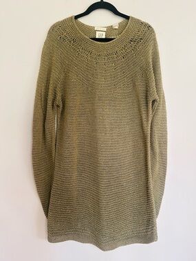 Vintage GAP Green Linen Knit By Hand Dress Tunic Coastal Grandma Boho Resort L
